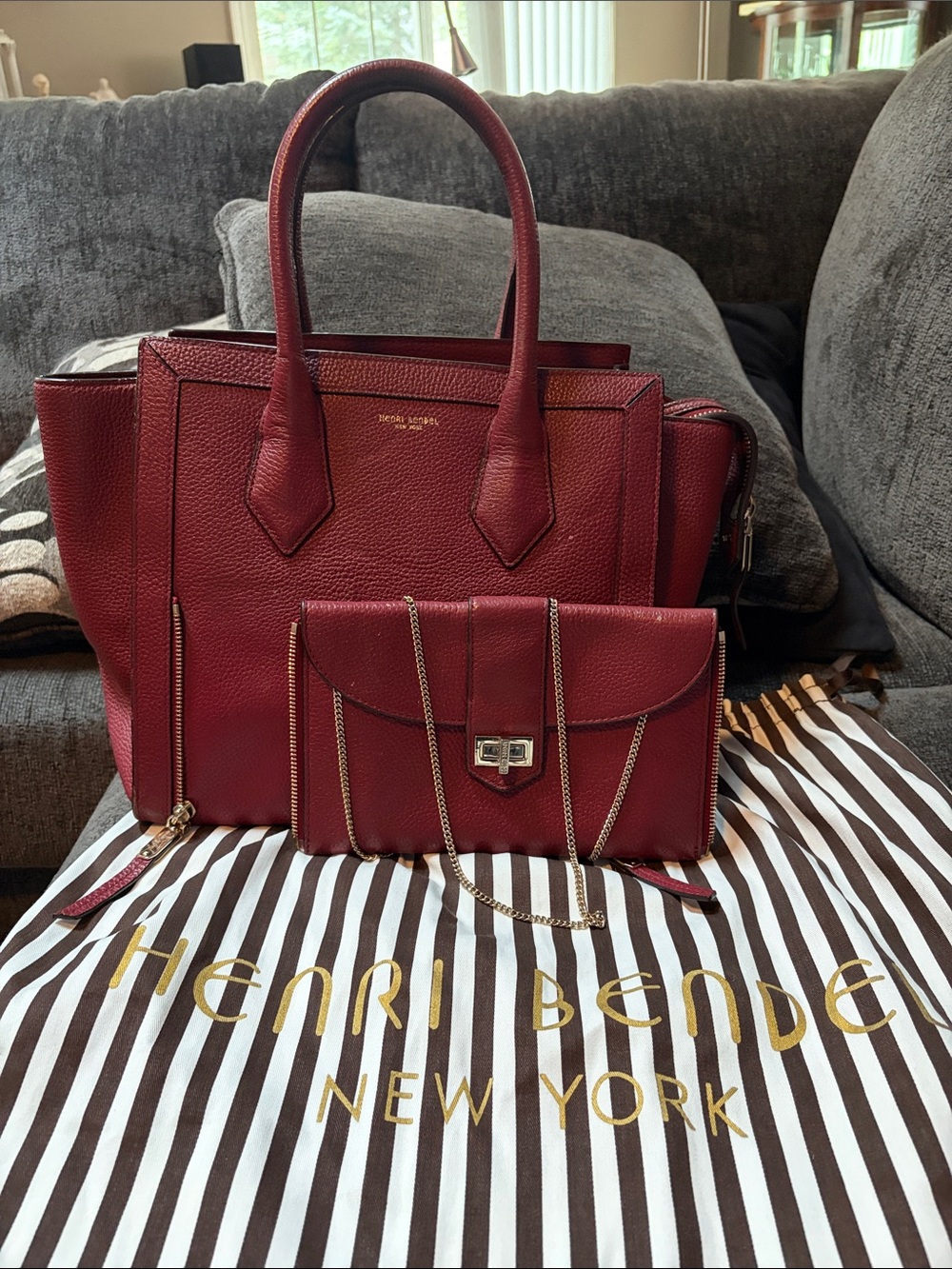 henri bendel deep red pebbled leather tote with front pocket